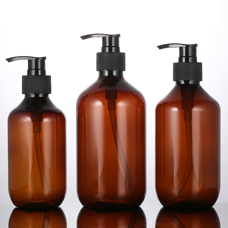 Hot product pet clear brown lotion bottle 250ml 400ml 500ml round shape amber shampoo bottle squeeze plastic bottle with pump