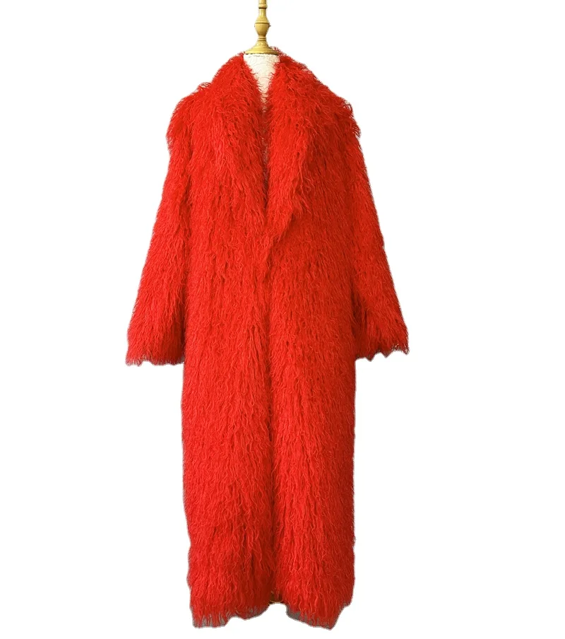 2024 wholesale warm winter coat faux fur beach wool super long green fruit collar over the knee fur coat