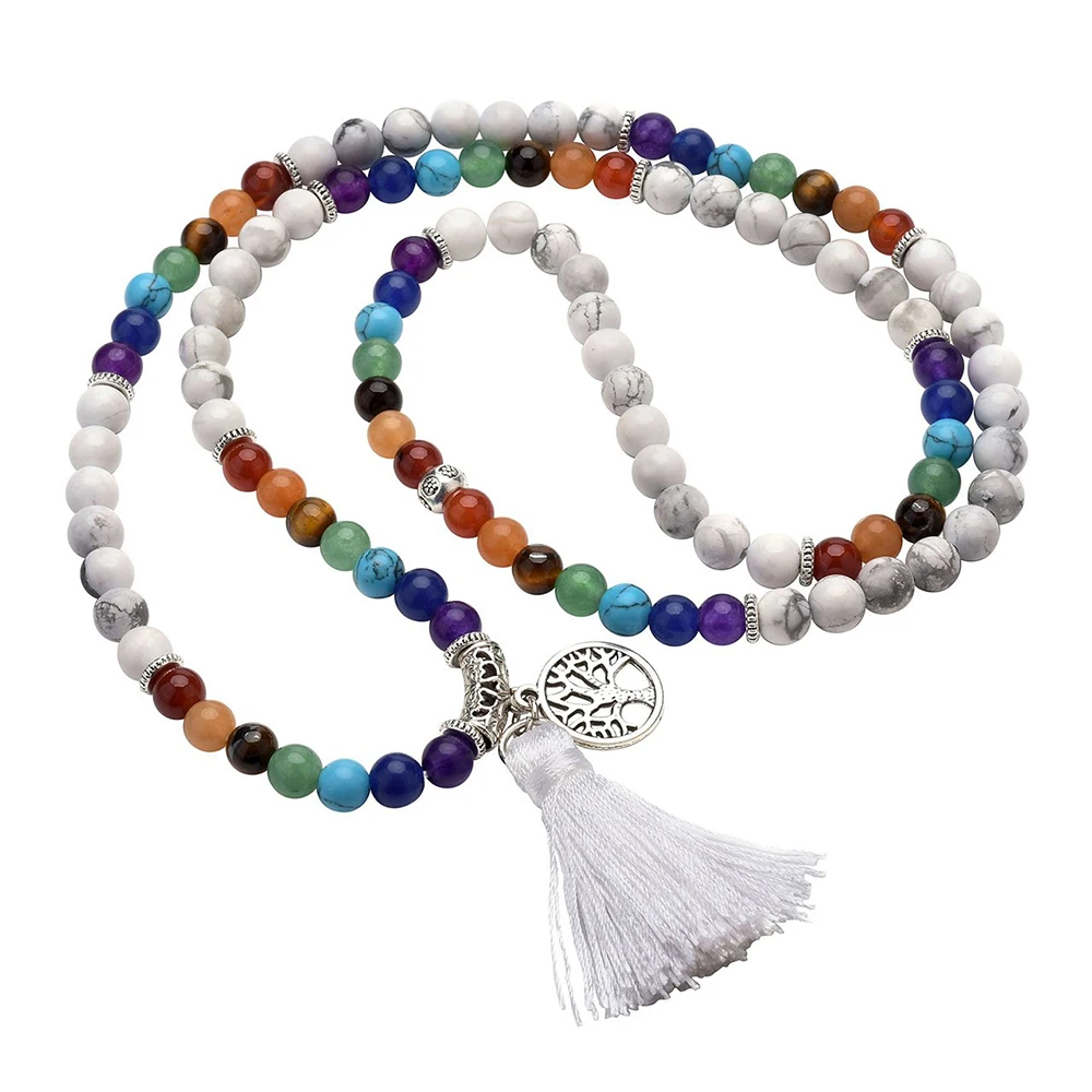 Natural 7 Chakra Healing Mala Prayer Beads 108 Beaded Tassels Wrapped Stone Bead Stretch Bracelet Necklace Jewelry