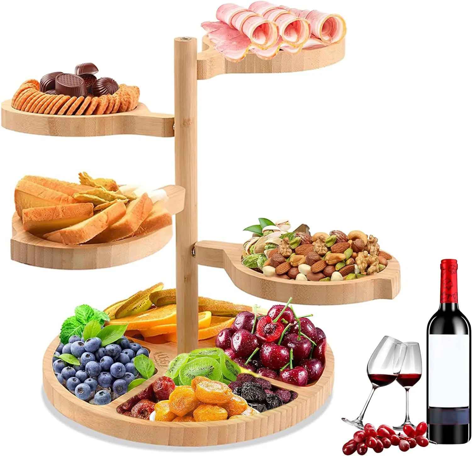 Bamboo Platter Serving Charcuterie Board Set Swivel Including 4 Cheese Plates Removable & 1 Round Tray