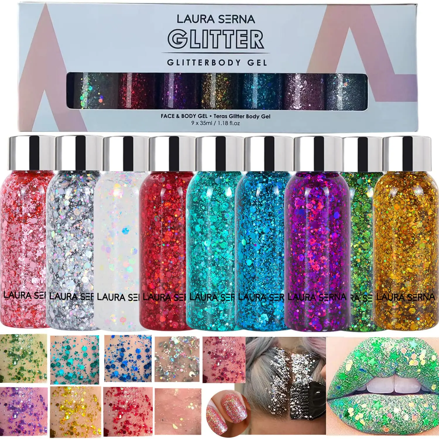 9 Pack Body Glitter Gel Mermaid Sequin Chunky Glitter Face Hair Nail Lip Lasting Sparkling Lotion Glitter Liquid Eye