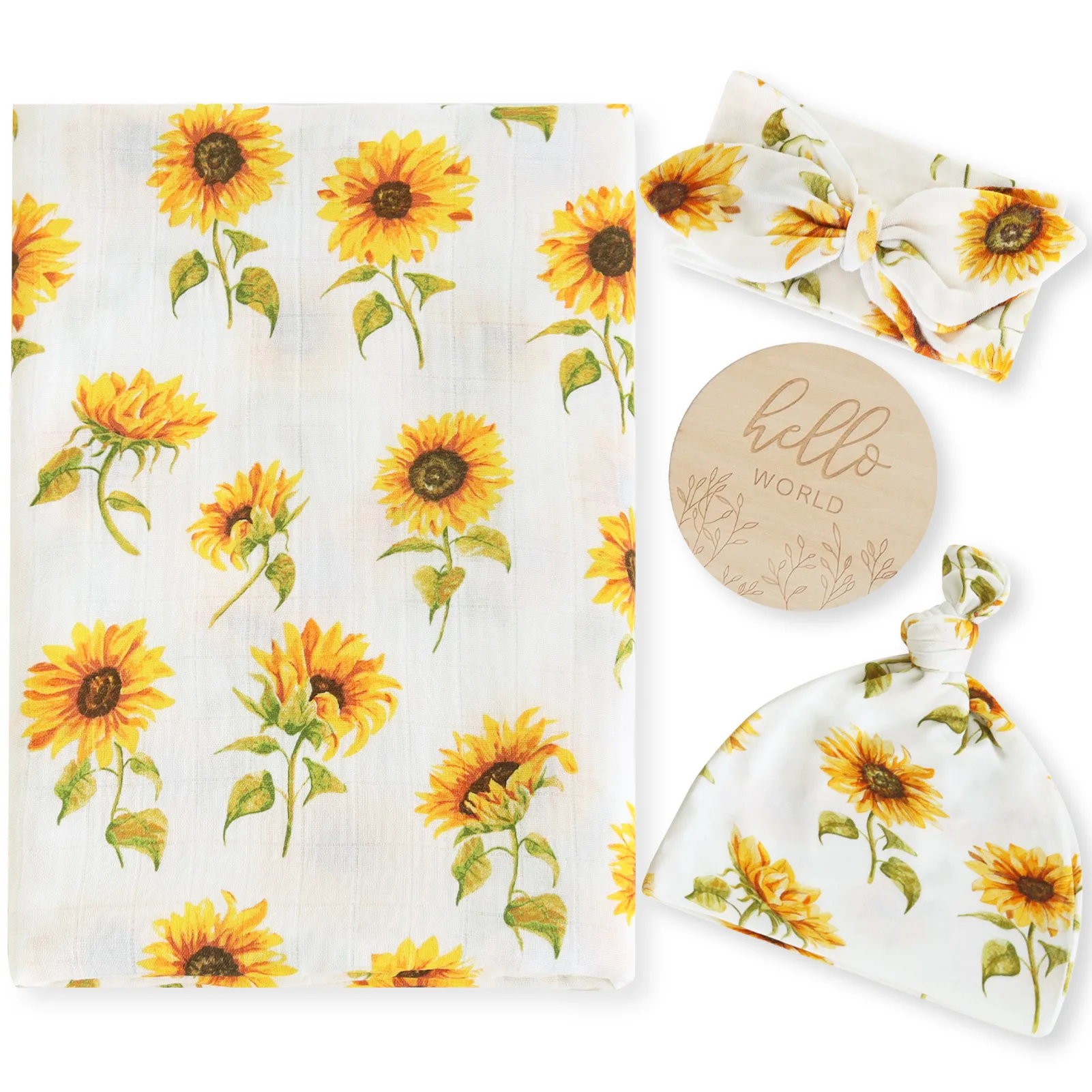 Sunflower Prints 2 Layers Super Soft Organic Cotton Receiving Wrap Bamboo Newborn Baby Muslin Swaddle 4pcs Set Blanket