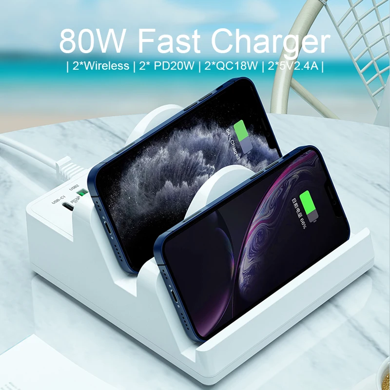 Popular Design 80W USB PD QC Dual Wireless Charger Stand Quick Charge USB Type C Fast Multiple Charging Station
