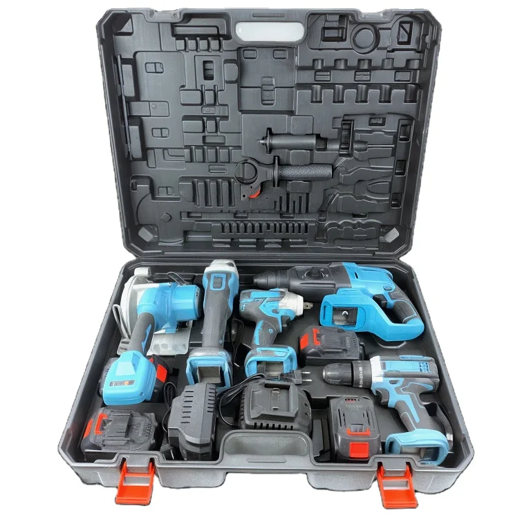 OEM Professional Electric Hard Case Tool Kit Dark Blue Five-piece Combo Set with Power Tools Box and Bag Packaging