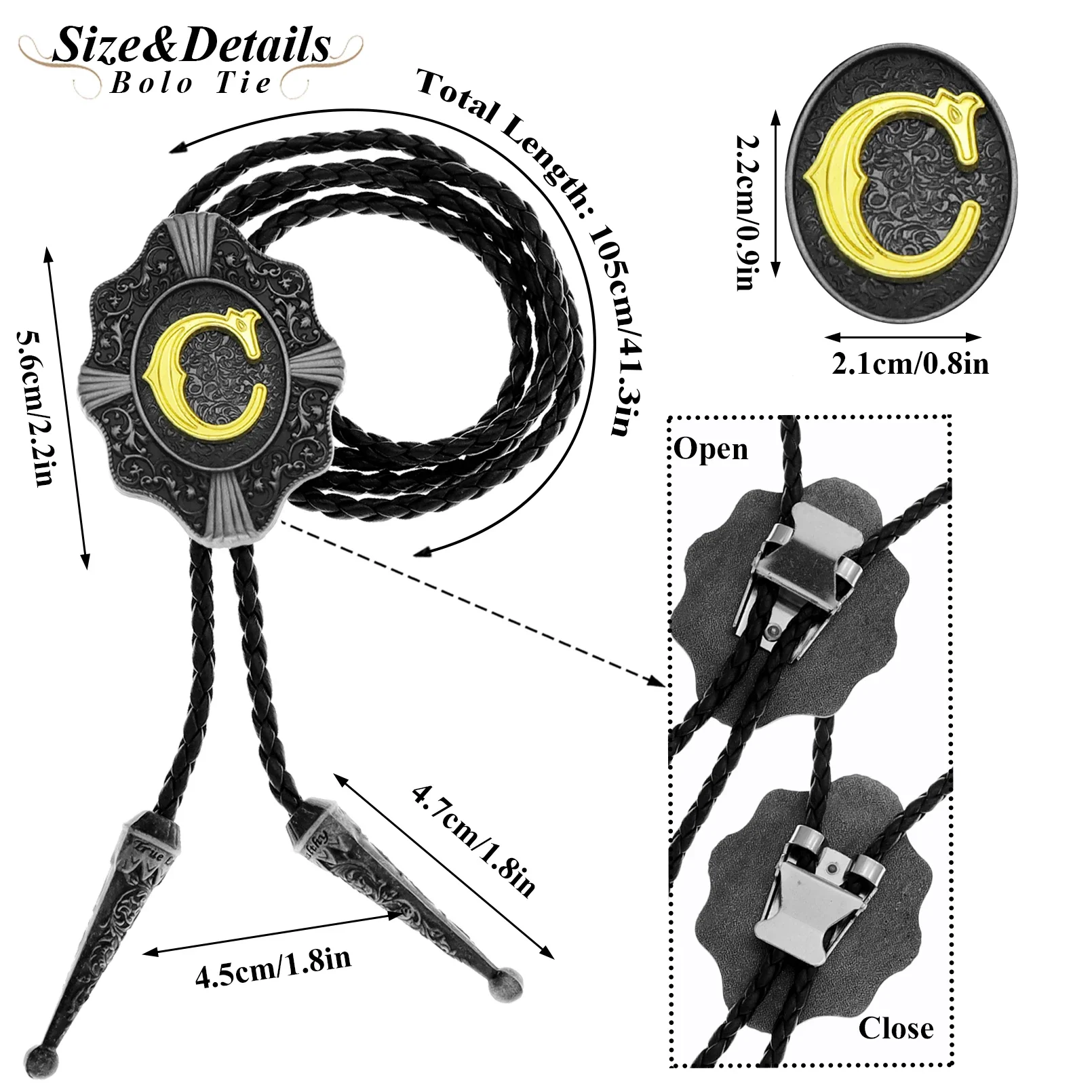 Western Cowboy Leather Bolo Tie with Golden Initial ABCJ Z Gold Necklace and Necktie Accessories for Women and Men