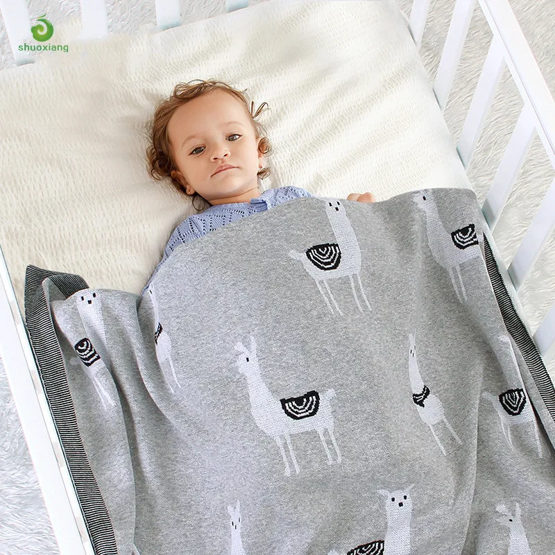 
Custom Wholesale Cheap Cute Alpaca Pattern Newborn Knitted Receiving Blanket Baby Cotton Knit Throw Blanket Swaddle 