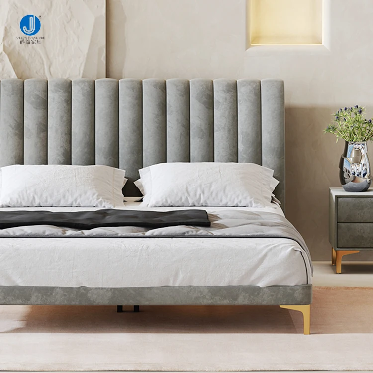 High End Bedroom Furniture Master Room Fabric Headboard Wooden Frame Stainless Steel Base Queen Size Double Bed