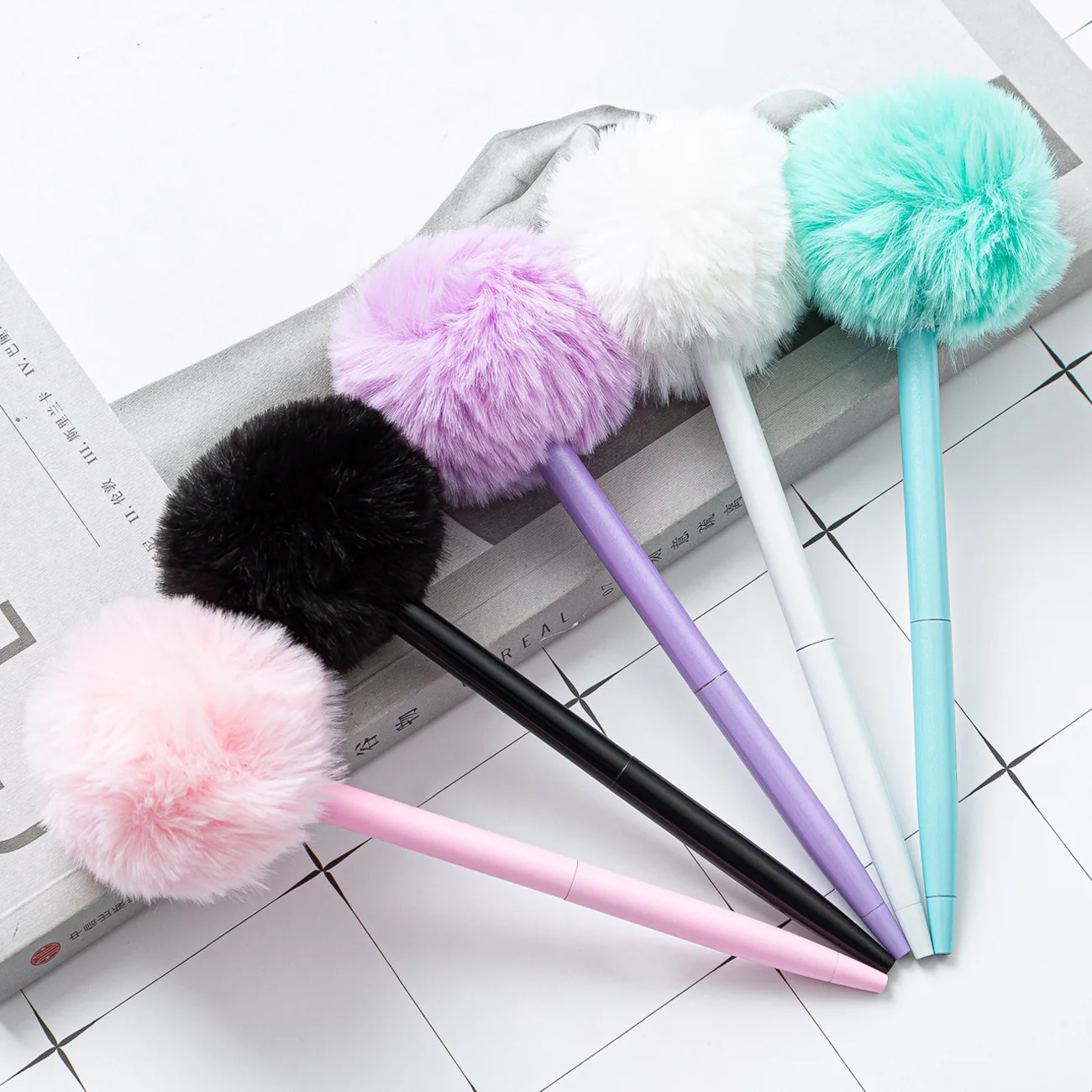 Wholesale Hot selling Bow Pom Pom Shape Plush Fancy Ballpoint Pen Stationery Manufacturer custom logo Cute Novelty Kawaii Pens
