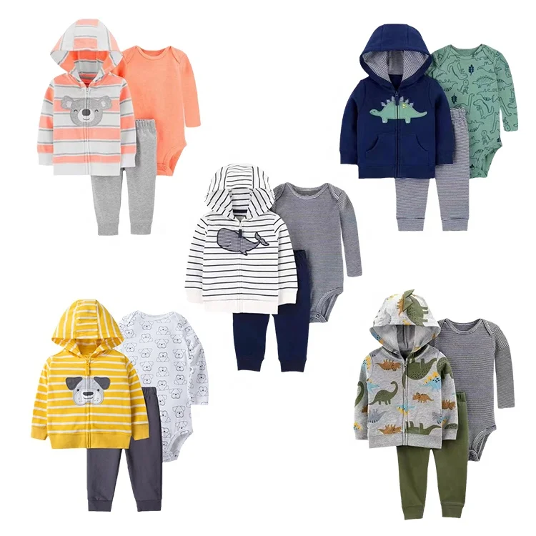 Best prices boy newborn cute Zip jacket Hooded long sleeve coat romper pants winter 3 pieces set baby clothes