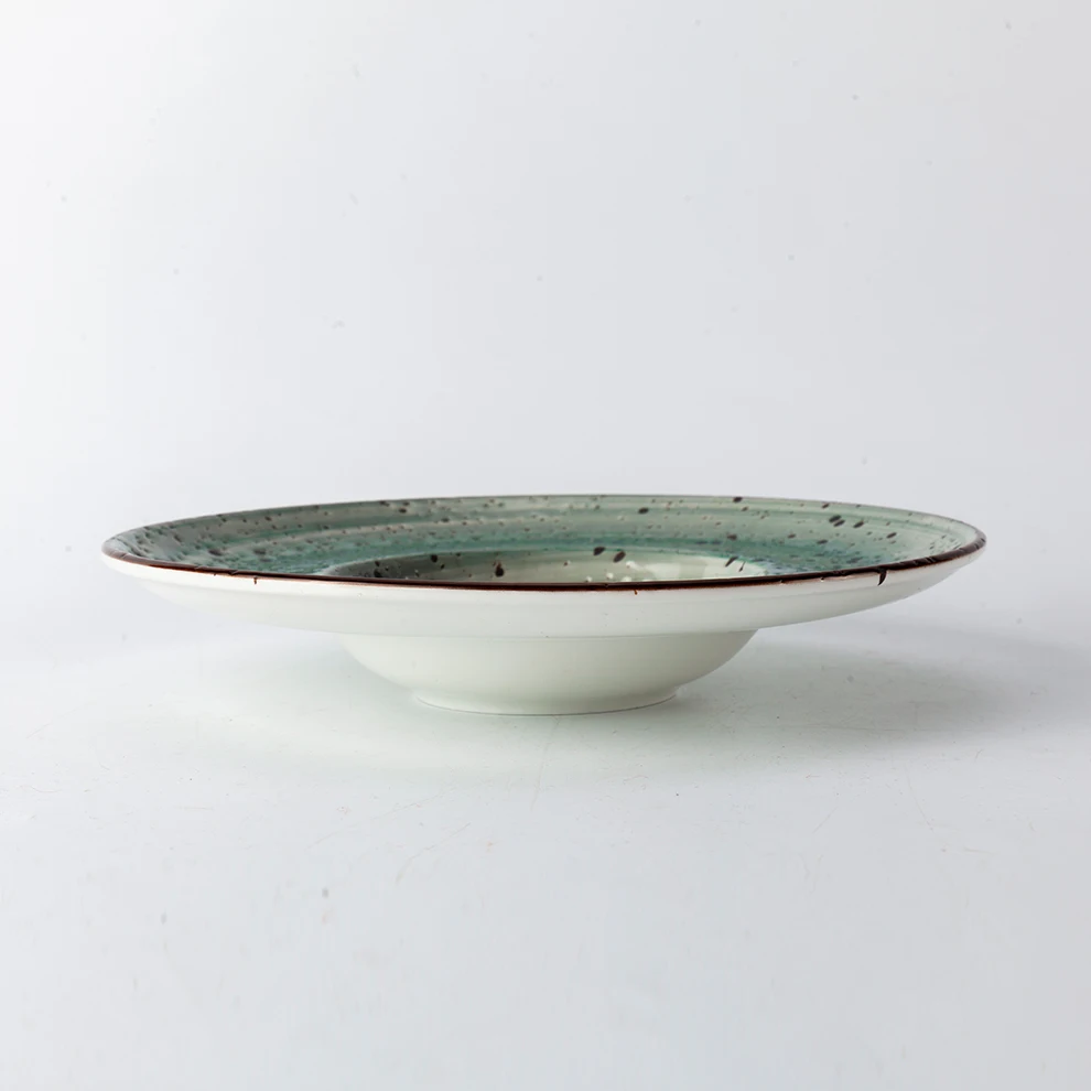 Shengjing Japanese And Korean Unique Creative Ceramic Tableware Green With Dots Dinner Porcelain Wide Rim Deep Dish Soup Plate