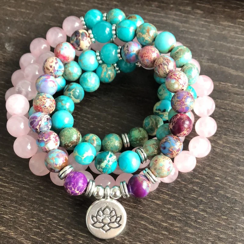 108 Mala Beaded Necklace/Bracelet Lotus Healing Rose Quartz Imperial Jasper Yoga Meditation Mala Bead Prayer Necklace for Women