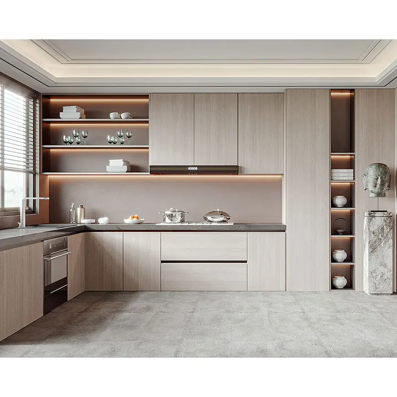 Classic Simple Wood design Metal Furniture ECO Friendly Fireproof Water Resistant Modular Aluminium Kitchen Cabinet
