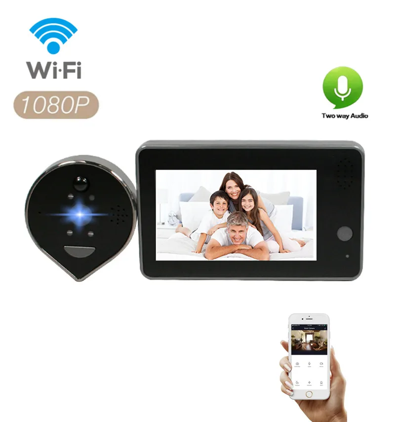 Enxun 1080P 4.3Inch Smart Video WiFi Peephole Viewer Security Home System Wireless Night Vision Battery Doorbell