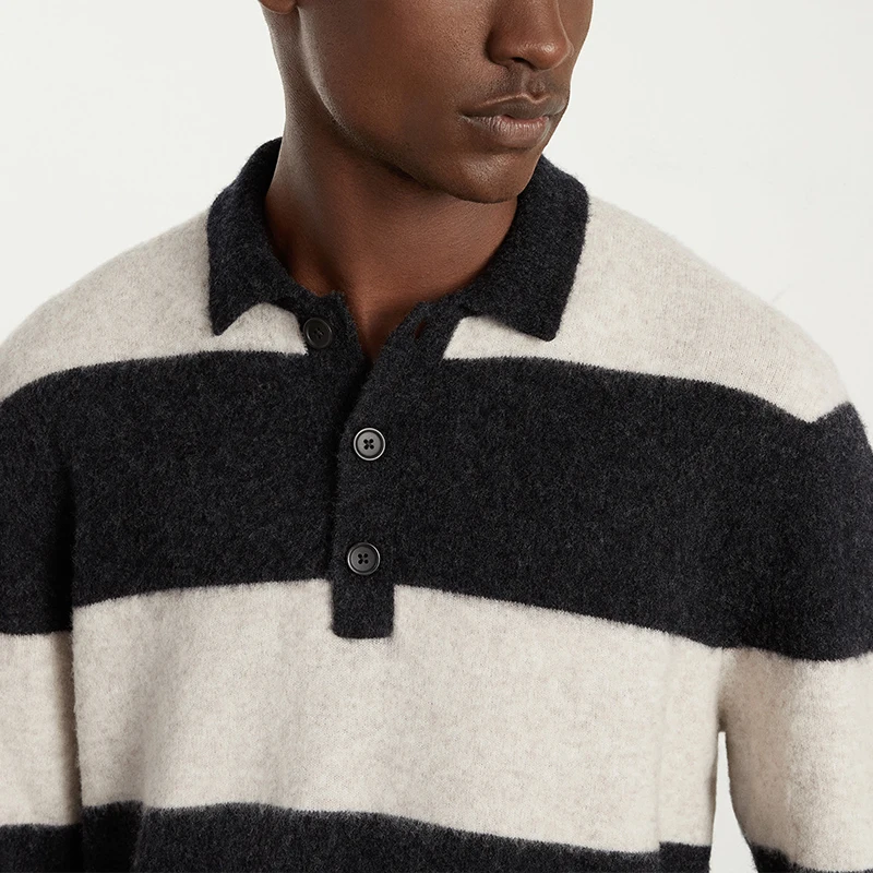 Wholesale custom winter men black and white striped long sleeve polo shirts Stretch Wool Rugby polo neck button Sweater