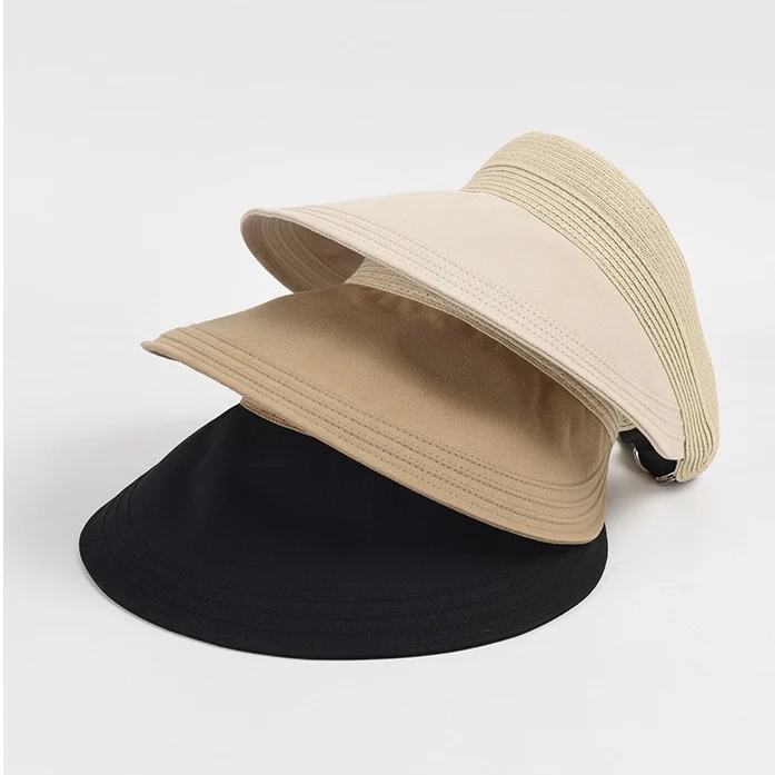 Customized women summer hats Wholesale lady fine toyo paper braid cotton foldable  wide brim sun visor cap hat