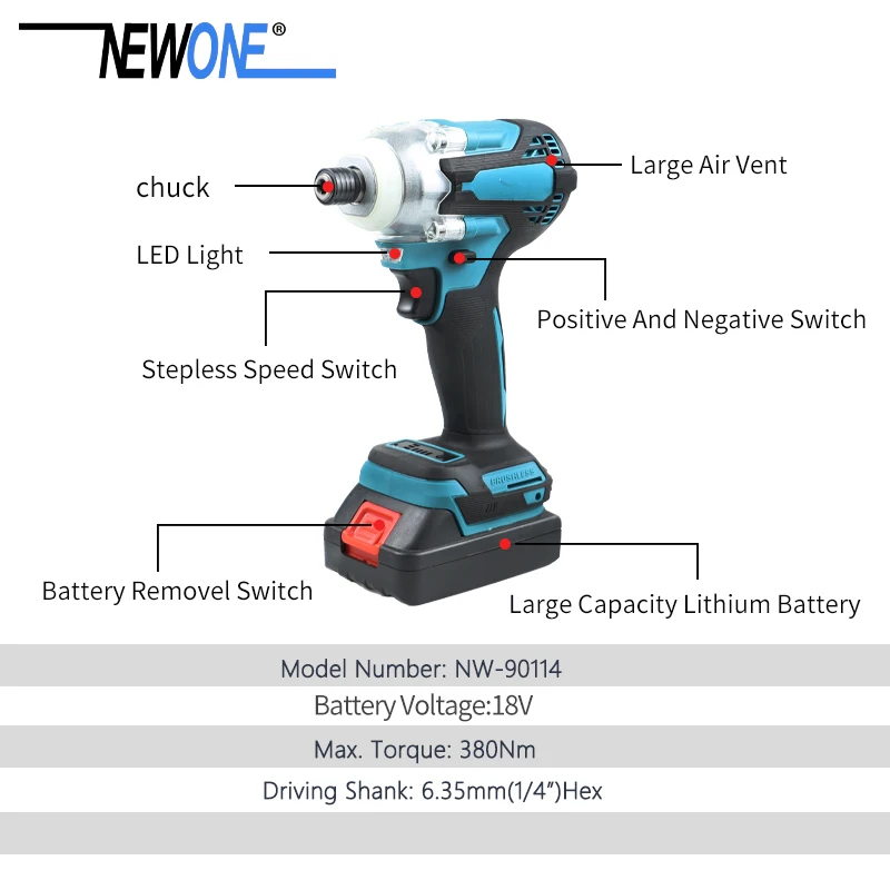 NEWONE Brushless Electric Screwdriver Cordless Brushless Power Tool Rechargeable Drill Driver LED Light for Makita 18V Battery