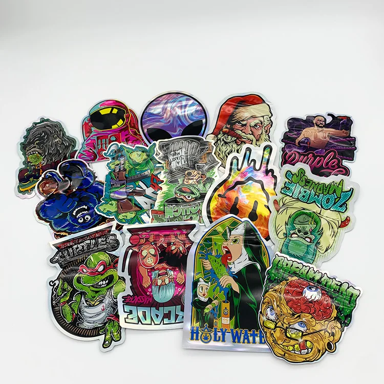 In stock wholesale Aluminum Foil Holographic Die Cut 1 g Special Shape Resealable Zipper Smell Proof Mylar Bag 3.5 g