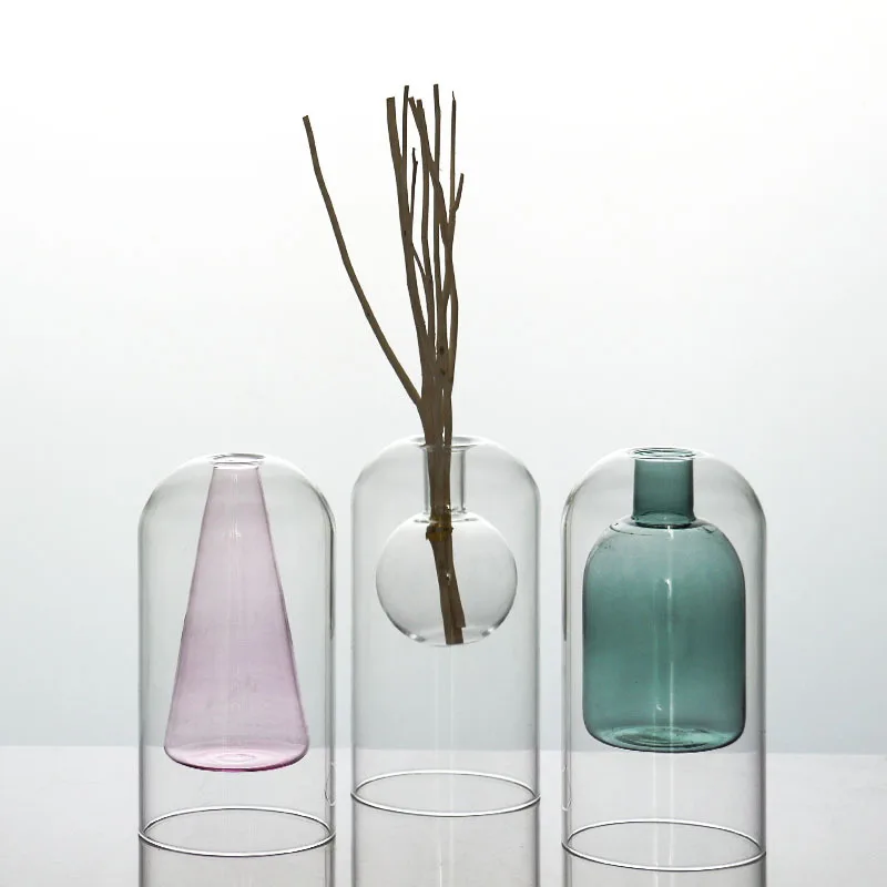 Wholesale Borosilicate 100 ml 100ml Double Wall Empty Clear Pink Green Blue Home Decorative Glass Reed Diffuser Bottle