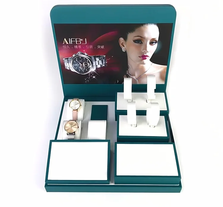 Luxury leather men custom logo watch storage showcase display stand set for shops counter