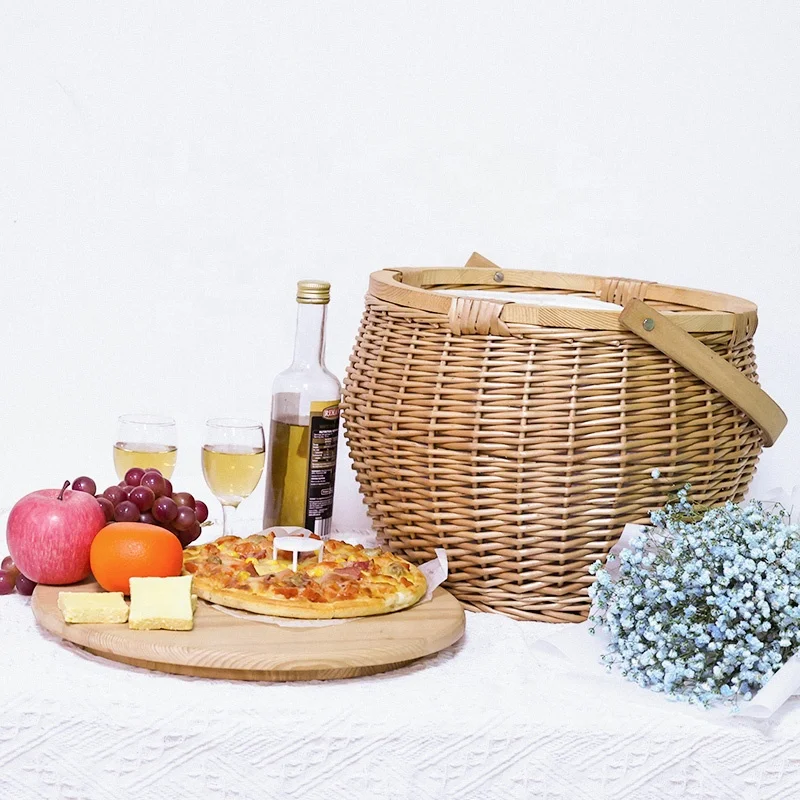 high quality white rattan beach wood top collapsible custom classic weave handle people round picnic basket with leather strap