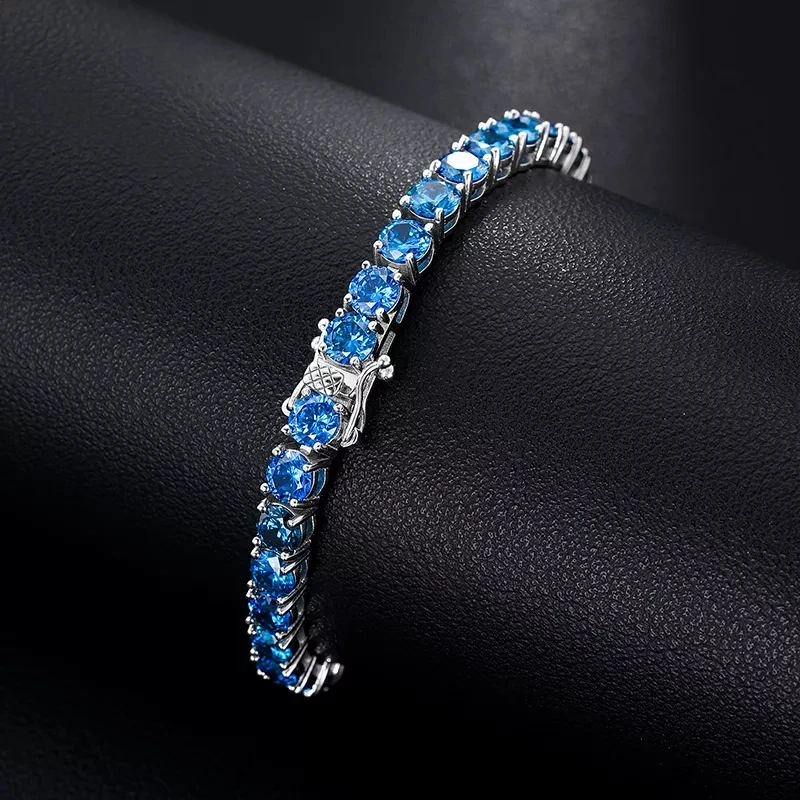 Trend Fine Jewelry 3mm 4mm 5mm 925 Sterling Silver Blue VVS Moissanite Diamond Cluster Tennis Chain Bracelet Necklace