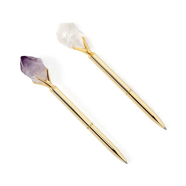 Custom Logo Natural Quartz Crystal Amethyst Stone Chips Ball Pens