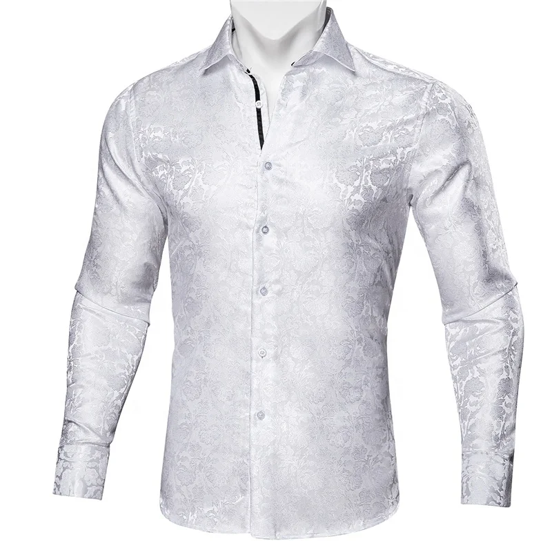Fashion Men Shirts Silk Paisley Flower Long Sleeve Dress Shirt for Business Party Woven Silk Casual Designer