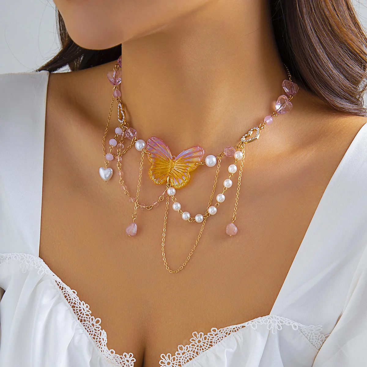 Women Beaded Niche y2k Layered Heart Butterfly Cross Pendant Pearl Chain Alloy Choker Necklace