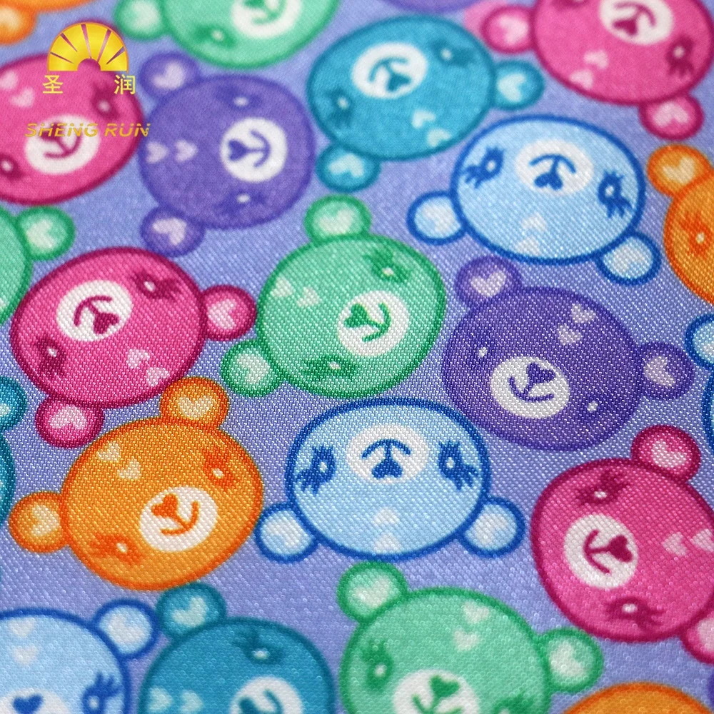 No MOQ Custom Printed Color Cartoon Bear Polyester Satin Pajamas Fabric