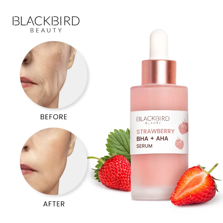 Private Label Natural Serum Skincare Whitening Brightening Anti Aging Face Serum Lightening Strawberry BHA AHA Facial Serum