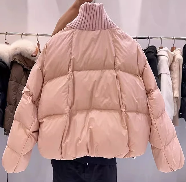 winter duck down jackets for women  short  style jackets with knitted collar and front placket