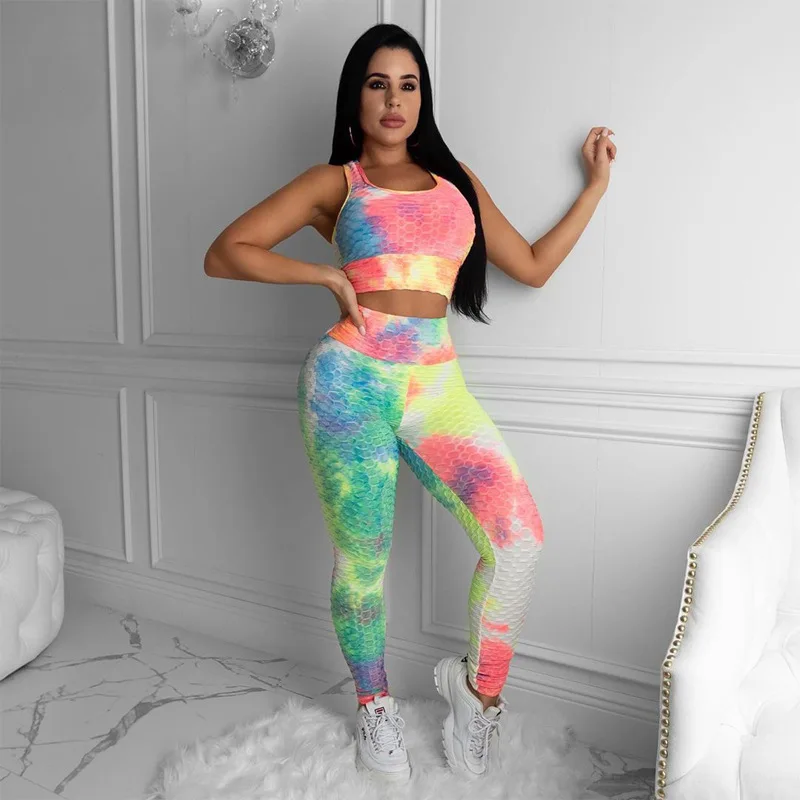 Wholesale Gym Fitness Sets Workout Clothing Women Anti Cellulite Scrunch Butt Leggings Set and Tie Dye Sports Bra