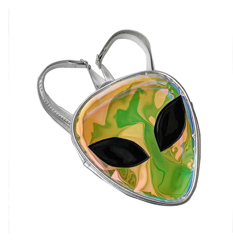 Silver Satchel Faxu PU Shoulder Bag- Alien Kawaii Holographic Backpack-Fashionable Small Bag
