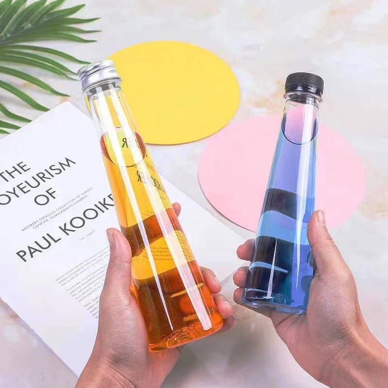 200ml 250ml 300ml 350ml 450ml Cone Shape PET Plastic Juice Bottle For Milk Tea liquor wine Beverage Packing