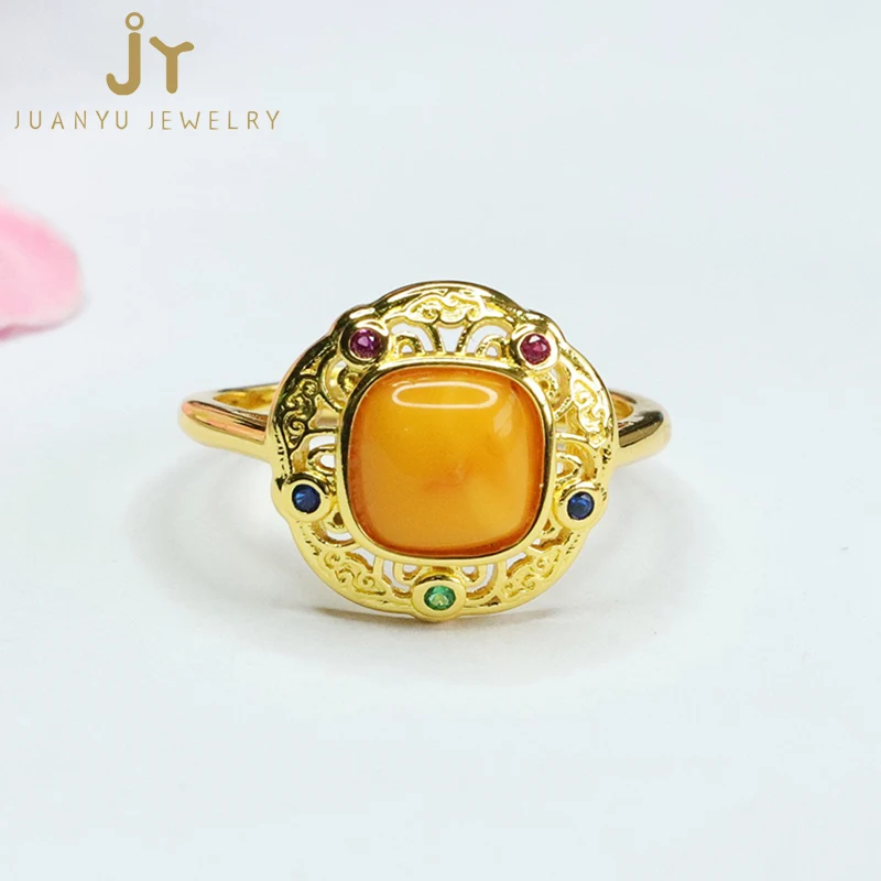 Fashion Jewelry Adjustable Amber Rings Chinese Style Vintage High Quality Amber Rings Hollow Out Gold Plated Zircon Rings
