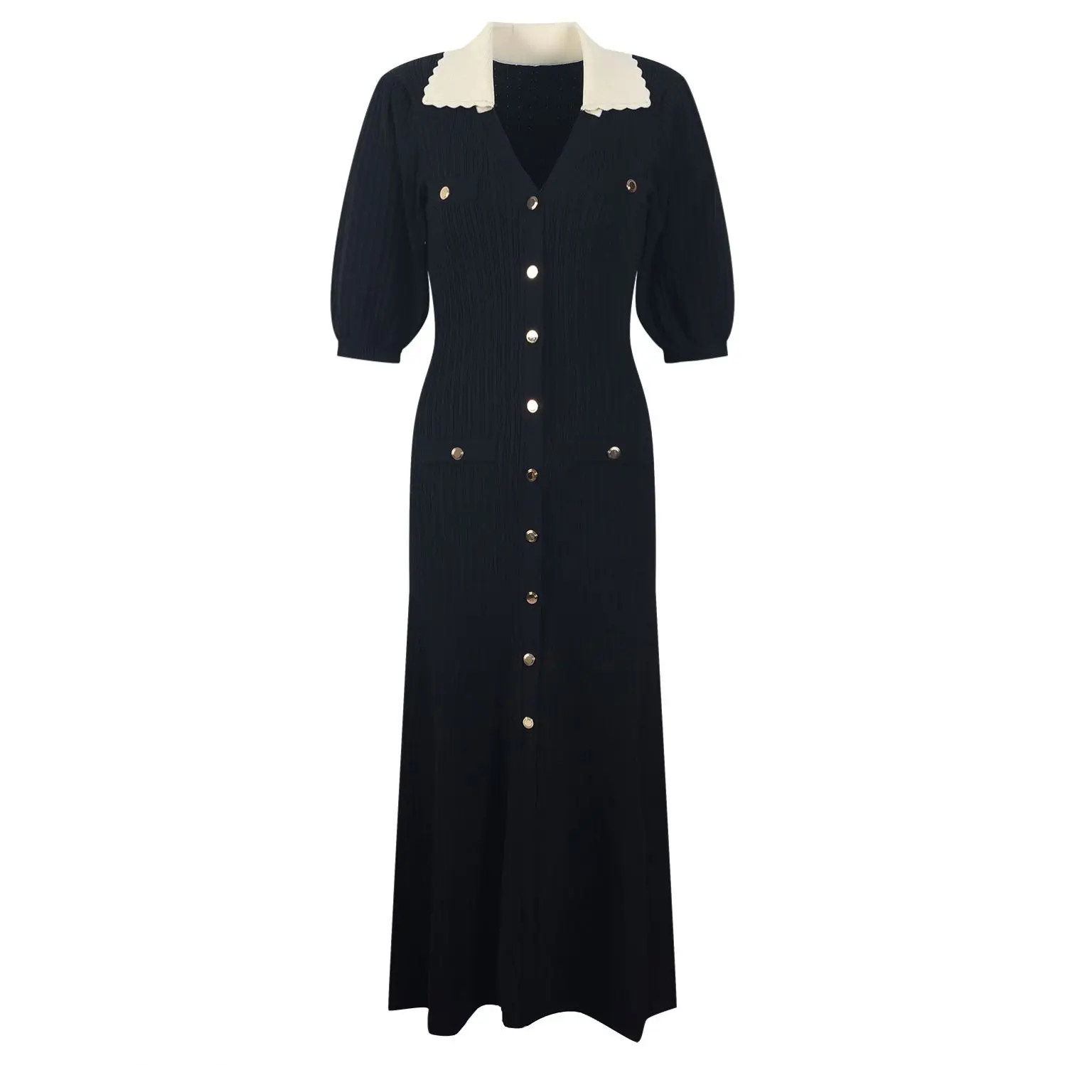 Single-breasted Mermaid Maxi Dress Bettergirl Vintage Turn-down Collar Lady Short Puff Sleeve A-line Long Wear Women Mini Solid