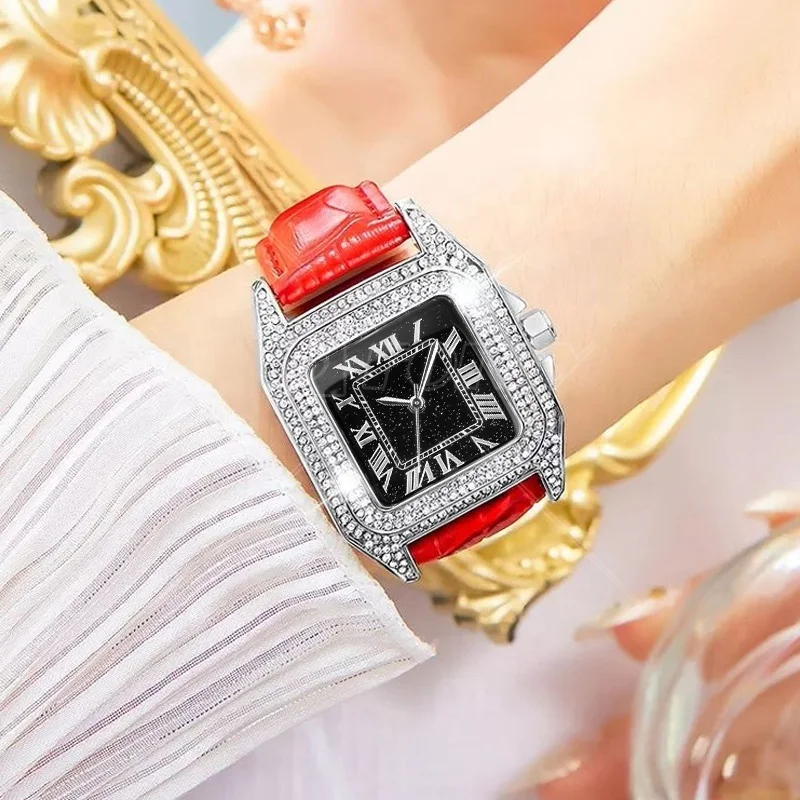 Hot Sale Brown Leather Strap Rose Gold Square Shape Design Alloy Wrist Luxury Girl Women Lady Watch with Big White Diamond Face