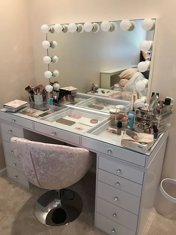14 Leds Wood makeup vanity table with mirror set Dressing Table with mirror and draws makeup vanity table with mirror set