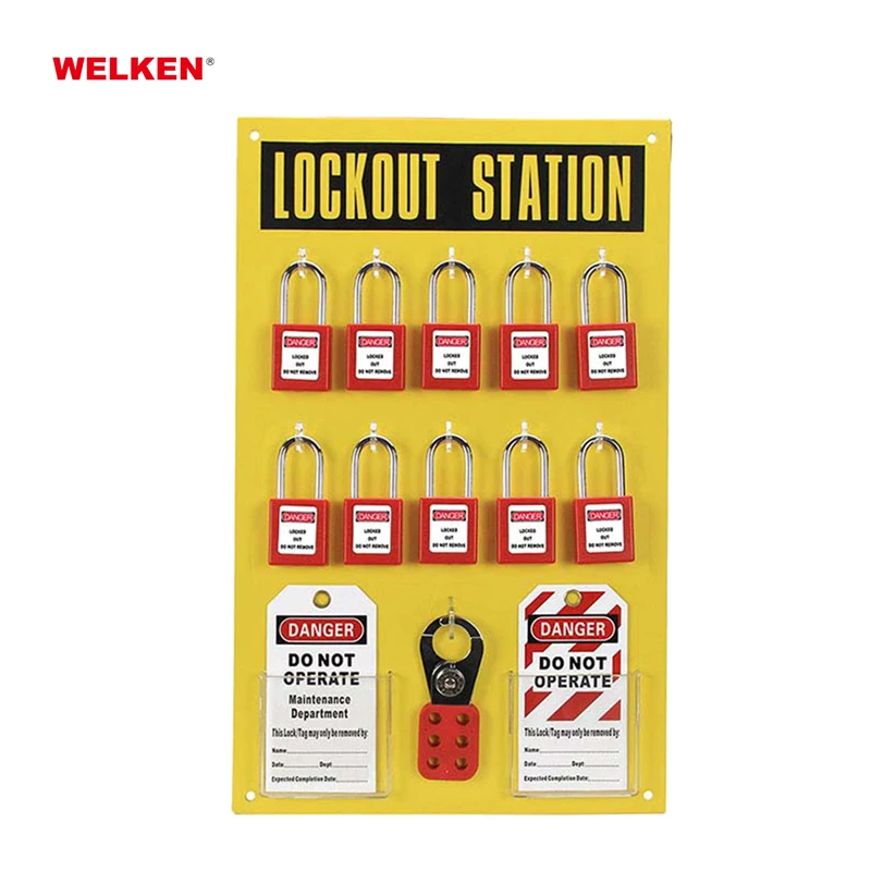Wall-mounted ABS yellow Security and Safety Lockout Tagout Station with cover for 10 padlocks 3 hasps 25 tags
