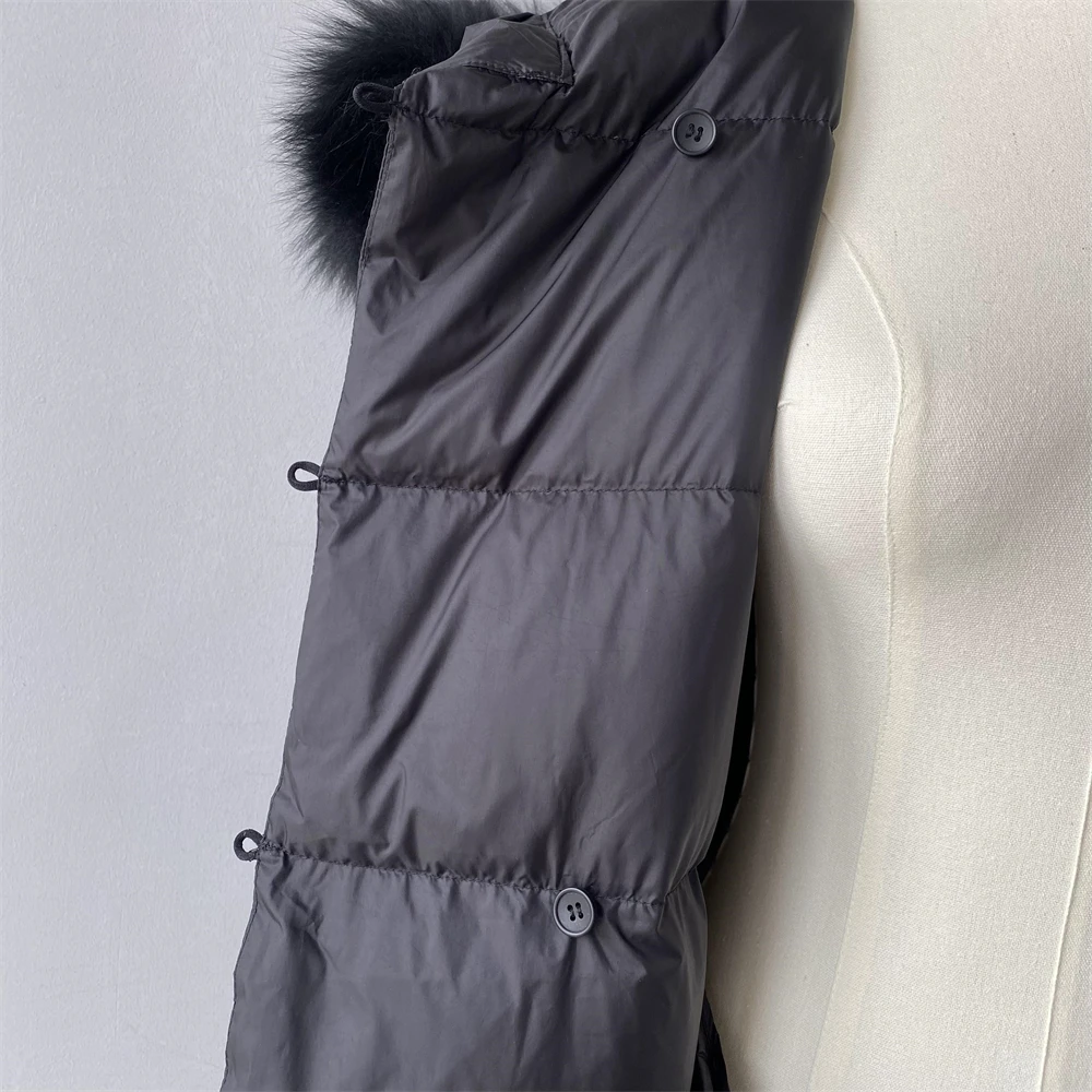 Windproof Warm Soft Slim Style Feather Down Puffer Coat Hoodie Luxury Real Fur Collar Custom Logo Winter Women Long Down Coat