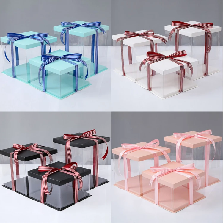 Luxury Custom Logo  Clear  Square Tall Transparent Cake Box Pet Pvc Wedding Birthday Party Gift Box