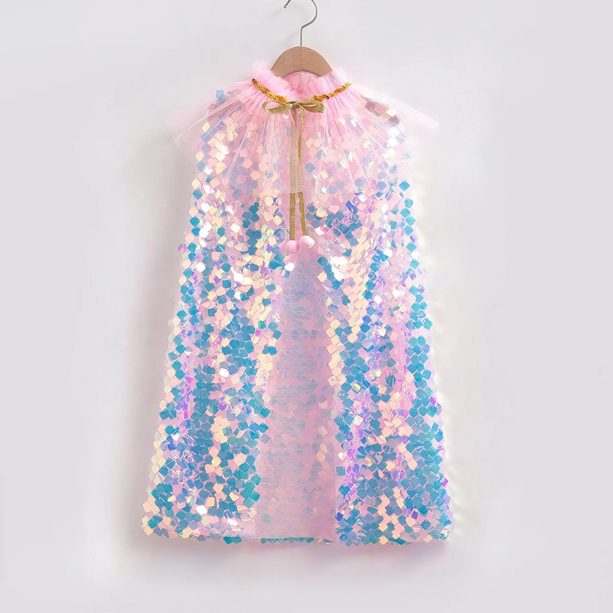Girls Blue Pink Snow Queen Princess Cape Cloak Shiny Glitter Party Prop Kids Halloween Fancy Dress 3-8Y