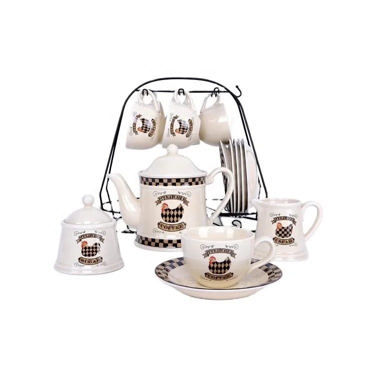 Custom Design French Rustic Dinnerware Set Ceramic Coffee & Tea Service Stoneware Coffee Set Cup with Iron Stand