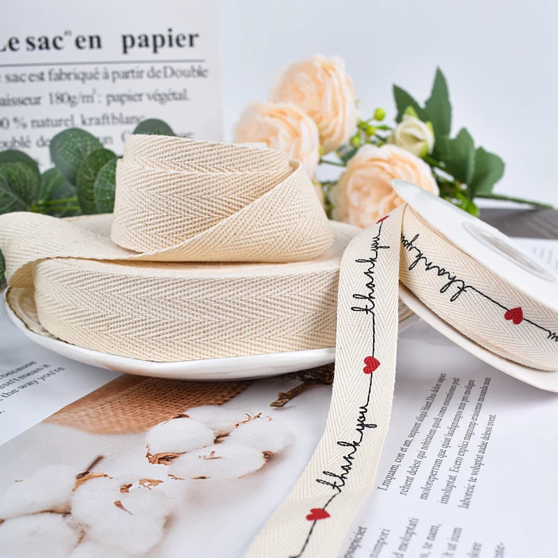Wholesale customized high density custom  natural white herringbone organic cotton ribbon logo printed ribbon