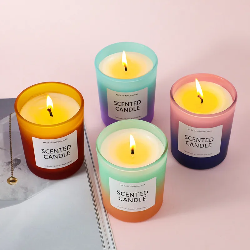 White Frosted NudeCustom Logo Luxury Wide Mouth Small  Iridescent Empty Glass Candles Jars Vessel With Wood Lid