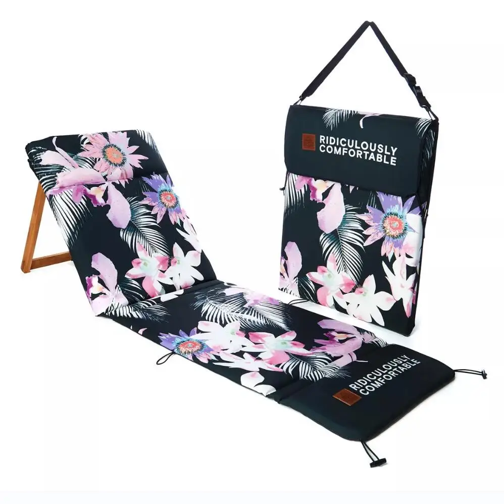BR Custom Portable Foldable Wood Backrest Padded Outdoor Beach Sun Lounger Chair, Compact Camping Picnic Park Lawn Mat Recliner