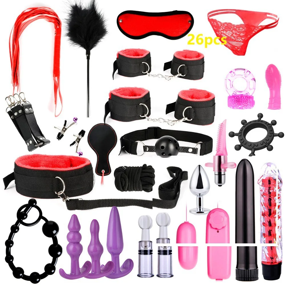 
26 PCS Bondage Gear Restraints SM Game Suit Sex Handcuffs Whip Mouth Gag Sexy Lingerie Toys Set 