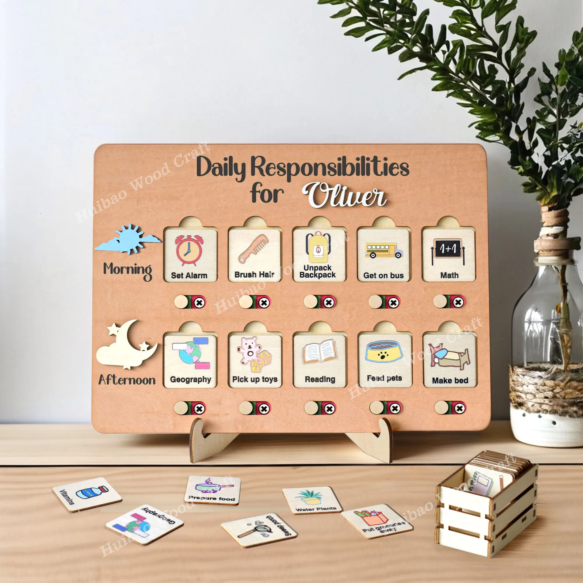 Reusable Daily Routine Organizer Board Interactive Chore Weekly Household Task Chart Wood Kids Responsibility Tracking