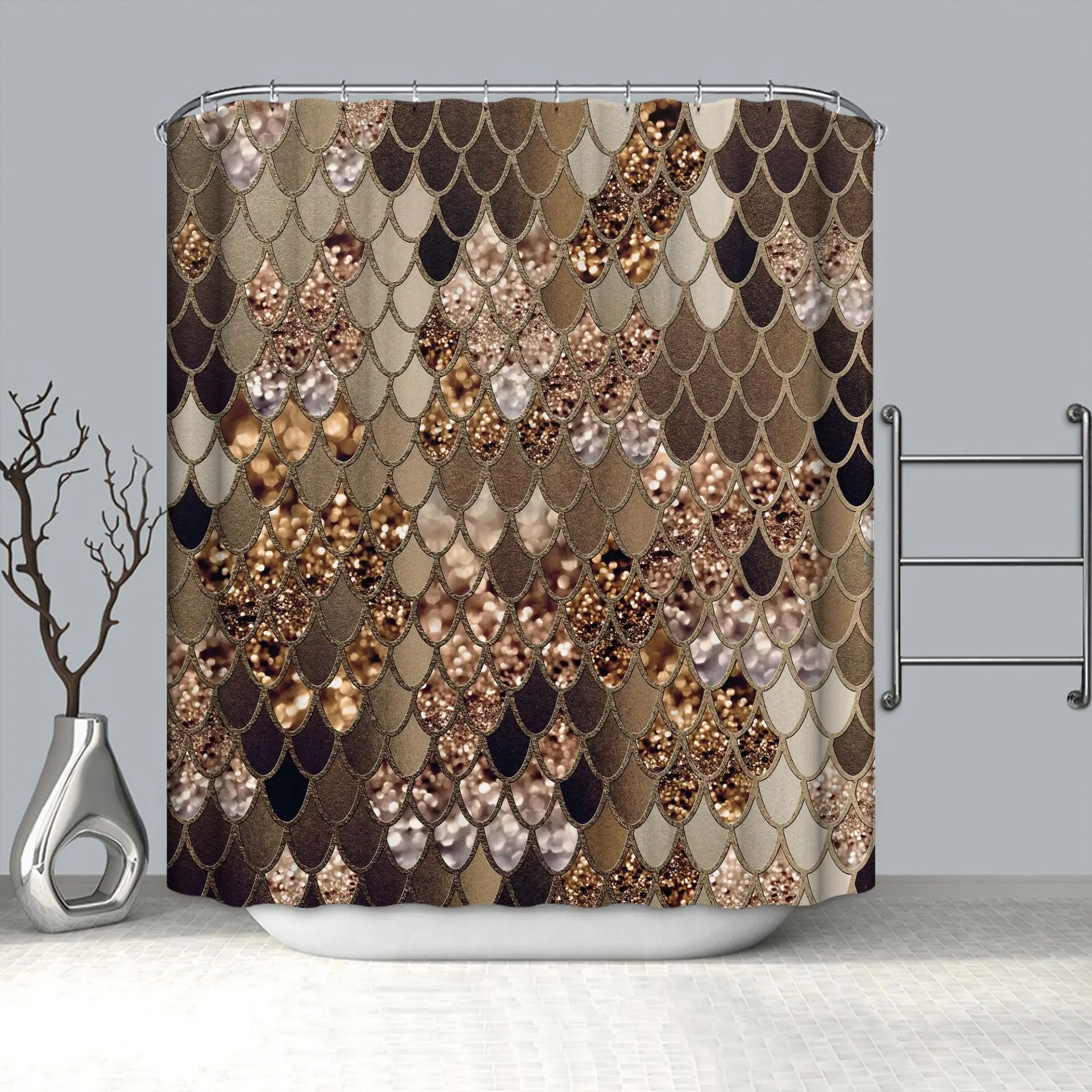 Factory Price Eco-Friendly Polyester Diamond Print Waterproof Shower Curtain Set with Non-Slip Bathroom Rugs Mats for Bathrooms