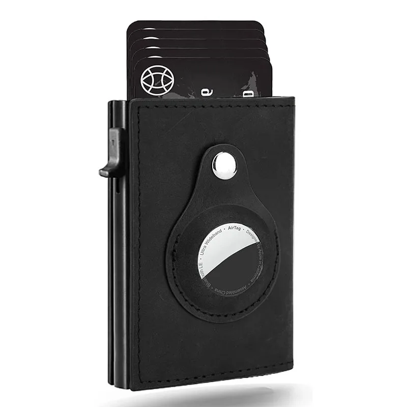 Hot Sale Pop Up Card Holder Metal Case Vintage Tracking Slim Air Tag Smart Airtag Leather Wallet for Apple Tracker
